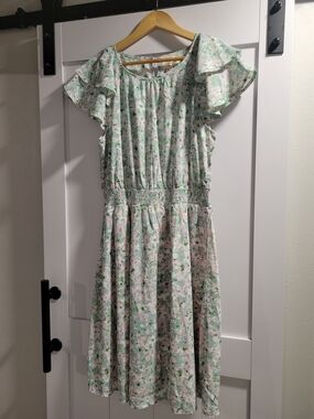 Floral Smocked-Waist Midi Dress in Mint and Pink